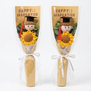 Handmade Crochet Sunflower Graduation Doll Bouquet for Students Knitted Floral Gift Amigurumi Keepsake
