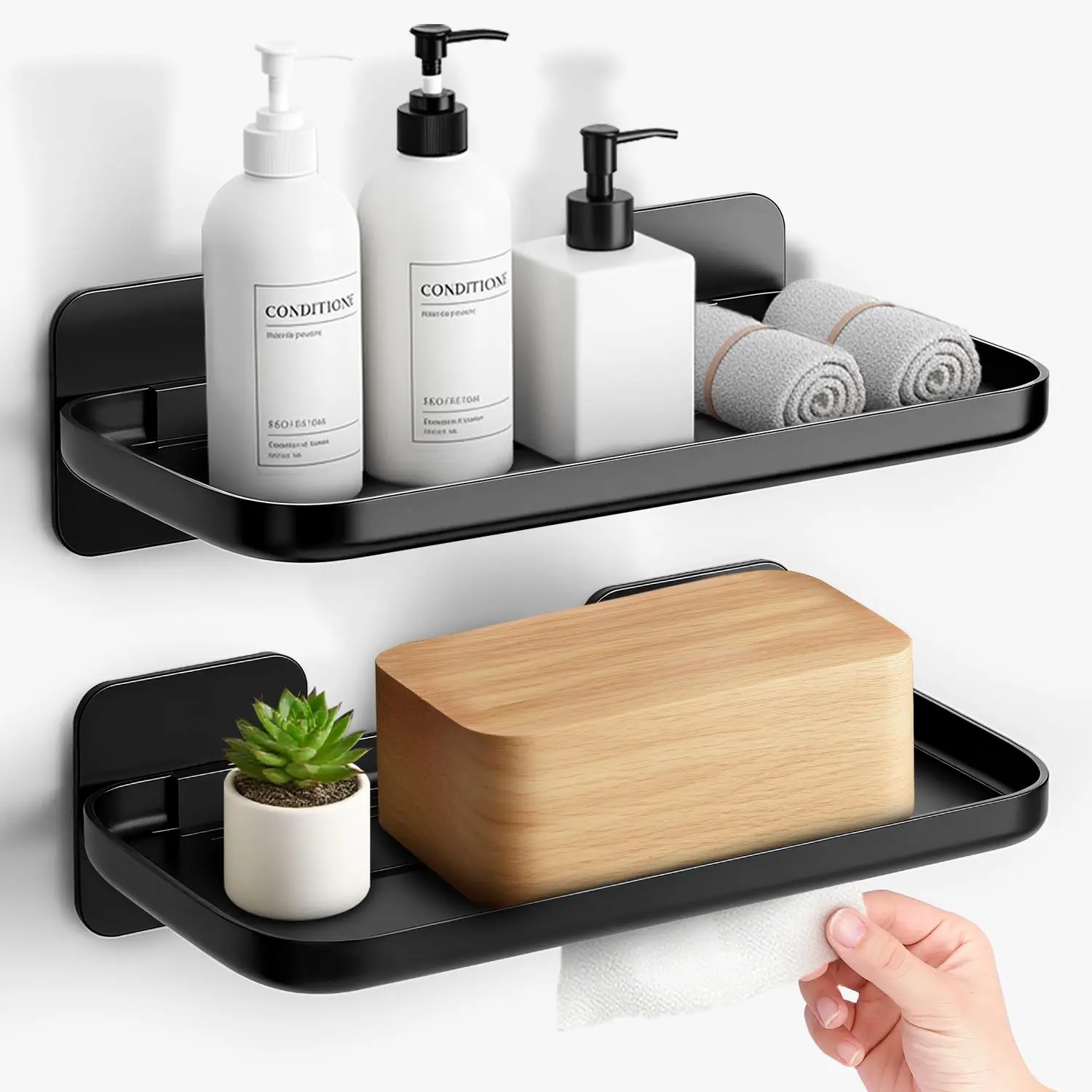 2-Piece Durable Plastic Floating Shelf Set for Home Decor, Lightweight Wall-Mounted Small Shelves with Adhesive Tape, Stain-Resistant Wipe-Clean Space-Saving Supplies (8.6"x4.7"x2.5", Black, for Bedroom, Kitchen)