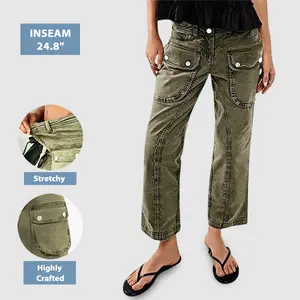 Flamingals Solid Seam Front Flap Pocket Mid Rise Straight Leg Crop Cargo Pants Women's Fashion Streetwear