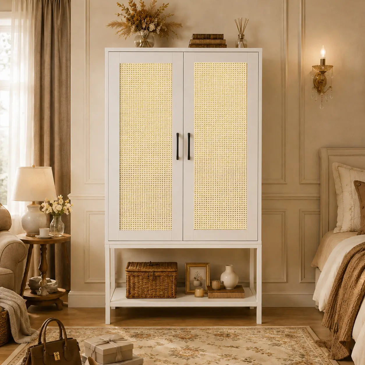 Vintage Rattan Double-Door Armoire Wardrobe, Freestanding Indoor Furniture with Open Shelf for Bedroom
