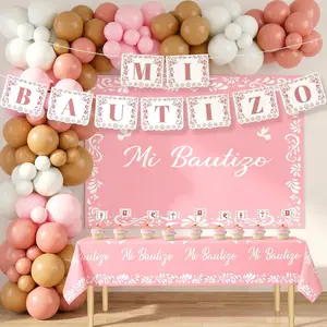 166 Pcs Mi Bautizo Decorations Baptism Decorations Pink Papel Picado Banner Backdrop Balloons Topper for Girls Cielito Lindo First Communion Mexican Christening Table Decor