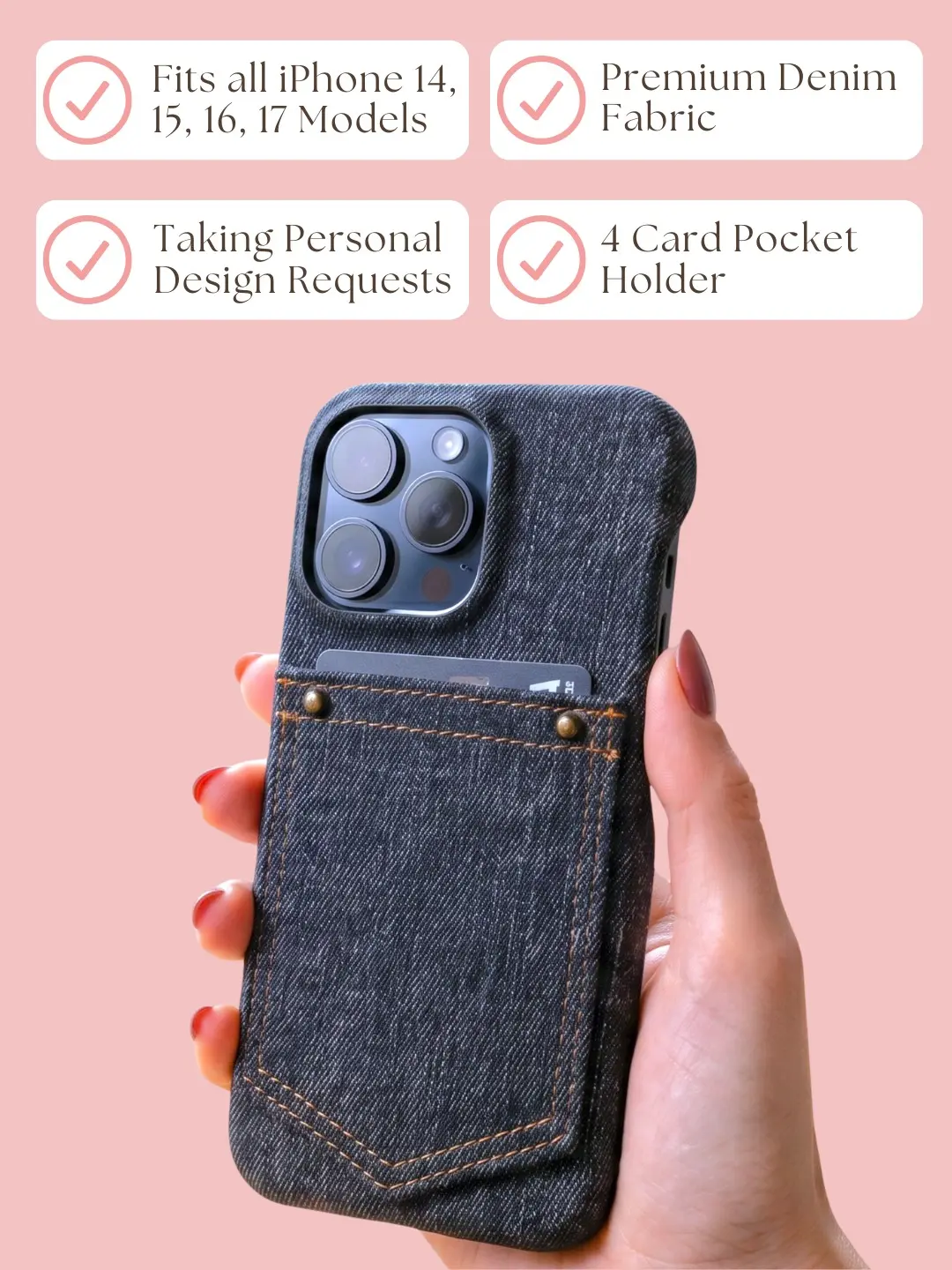 Denim Pocket Smartphone Case - Cellphone Accessories for iPhone 14,15,16,17 with Handheld Convenience & Card Storage