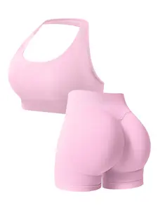 Women's Two-Piece Sports Set, Sporty Style Outfits, Halter Top Design, Neckline & Shoulder Line Accent, Front Embroidered Seam, Short Pants, Unique Waistband, Workout Running Clothes