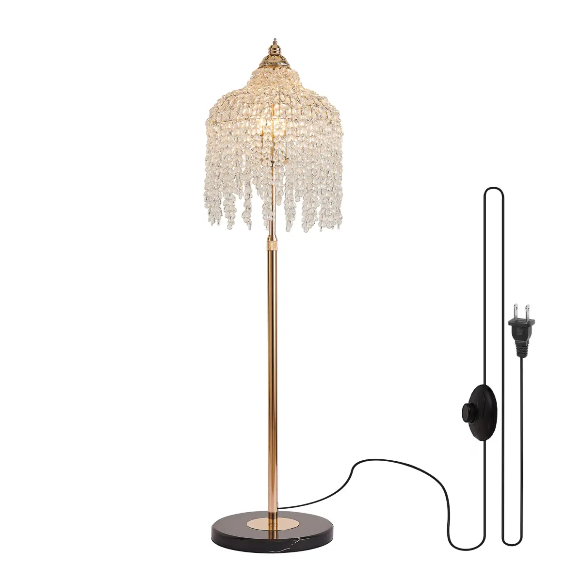 3-Light Elegant Crystal Floor Lamp Vintage Waterfall Design Grape-Style Crystal Beads Marble Texture Base Height Adjustable 120–165cm Foot Switch Golden for Living Room Bedroom Office LightLuxuryLivingRoomLamp