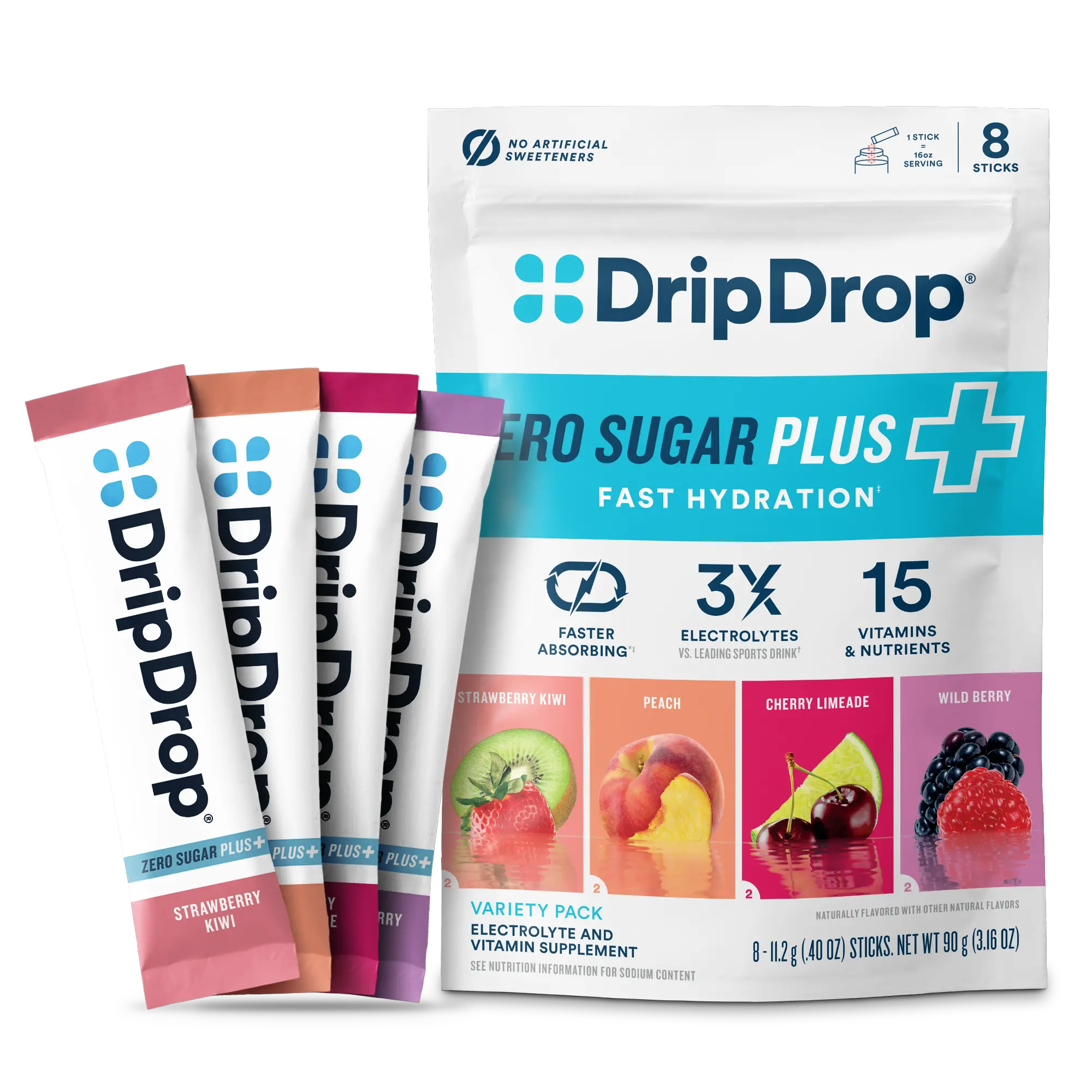 DripDrop Zero Sugar Plus, Strawberry Kiwi, Peach, Cherry Limeade, Wild Berry, 16 oz sticks, 8 count