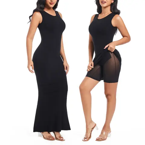 Soo Slick Lady's Sleeveless High Neck Built-In Shapewear Skinny Bodycon Maxi Dress - Chic, Slim, Casual Wear, Summer Comfort, Minimalist Clothes for Women