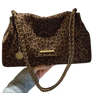 Women's Leopard Print Faux Suede Shoulder Bag - Large-Capacity Tote with Delicate Chain Strap, Soft Fabric Handbag for Daily Commute, Includes Phone, Coin and Cosmetic Pouch