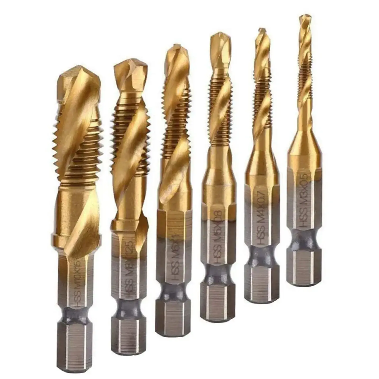 6-Count 3-in-1 Titanium Metric Drill Tap Bit Set with High Hardness Blade, 1/4" Hex Shank, M3-M10 Sizes, Automatic Spring-Driven Strike & Auto Punch Hardware Combination Tool for Quick Tapping, Metal Bits, Power Drill Bits