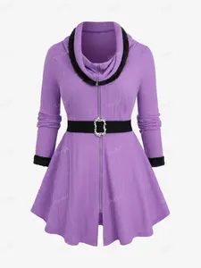 Rosegal Plus Size Knitted Top for Women Turn-down Collar Full Zipper Textured Square Buckle Belt Long Sleeves Casual Knitwear Polyester Slight Stretch Regular Fit for Fall Spring Winter - Womenswear goth cowgirl outfits