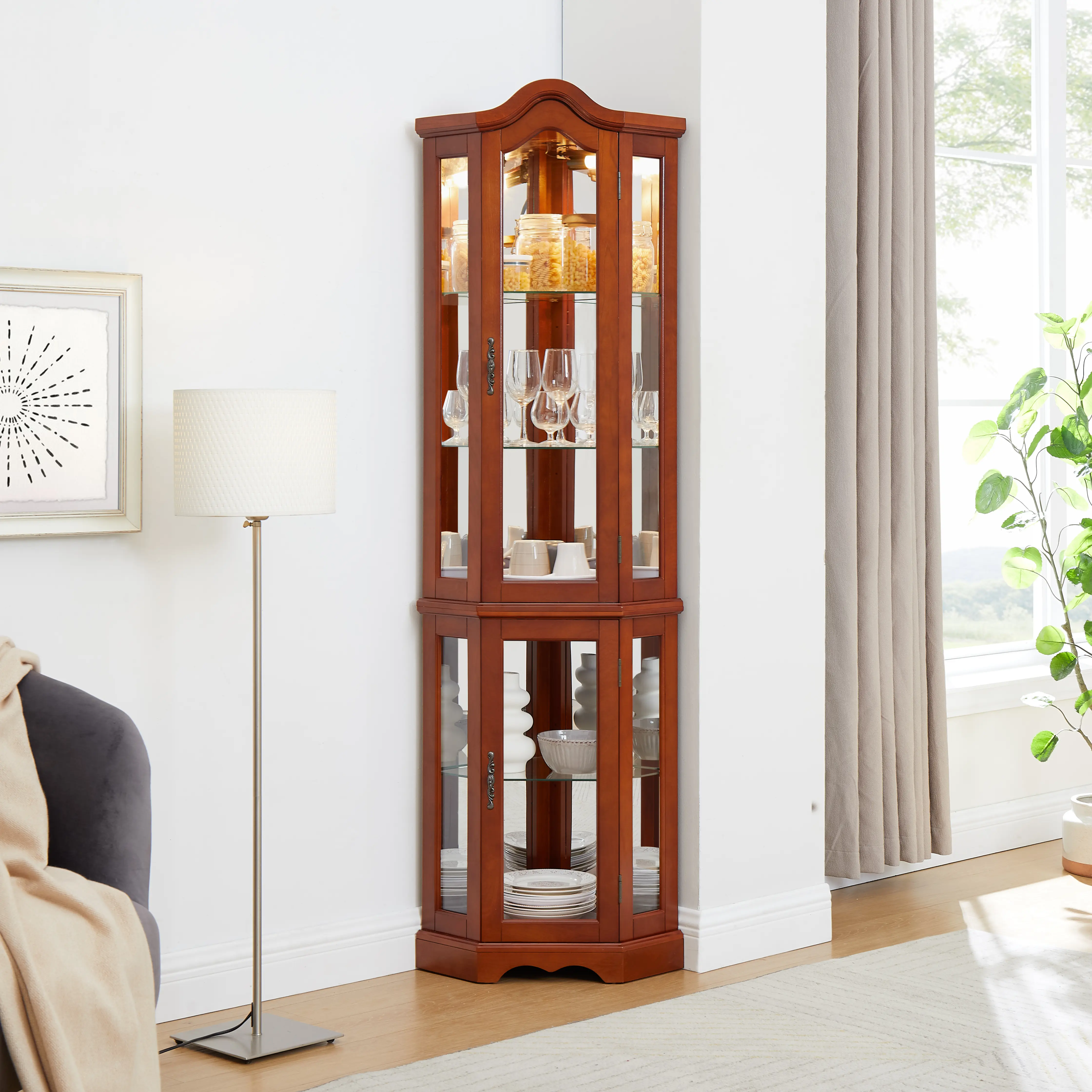 Dreamzon Aesthetic Vintage Walnut Wood Corner Cabinet - Indoor Living Room Furniture with Arched Top, Brass Handle, Lights, Adjustable Tempered Glass Shelves, Mirrored Back, Storage Organization (E26 Bulb Not Included)