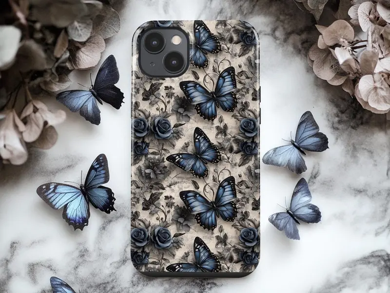 Vintage Blue Butterfly and Rose Phone Case – 3D Textured Floral Design Applicable to iP15Promax ip14Pro mobile phone case 12 trendy brand 13 anti-fall cover 14Promax 15Pro cute Plus phonecase Accessories Acrylic casetify