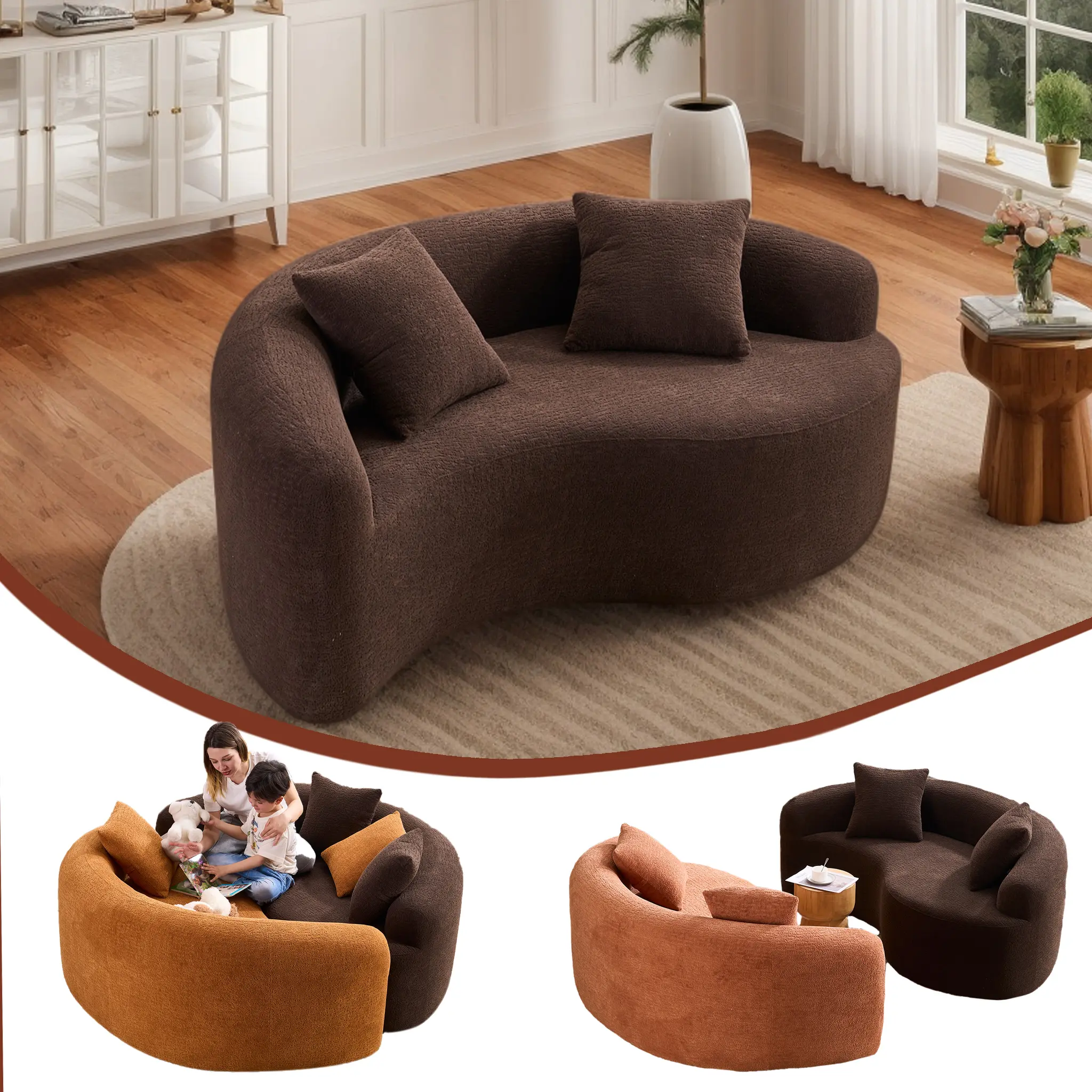 Eyisean 66.9"l x 40.2"w x 25.6"h Modern Curved Chenille Loveseat Sectional Sofa - Foam-Filled Comfy Cloud Couch, Deep Seat, 2 Pillows, Fixed Arms, Pre-Assembled for Living Room, Small Spaces, Curved Loveseat Sofa