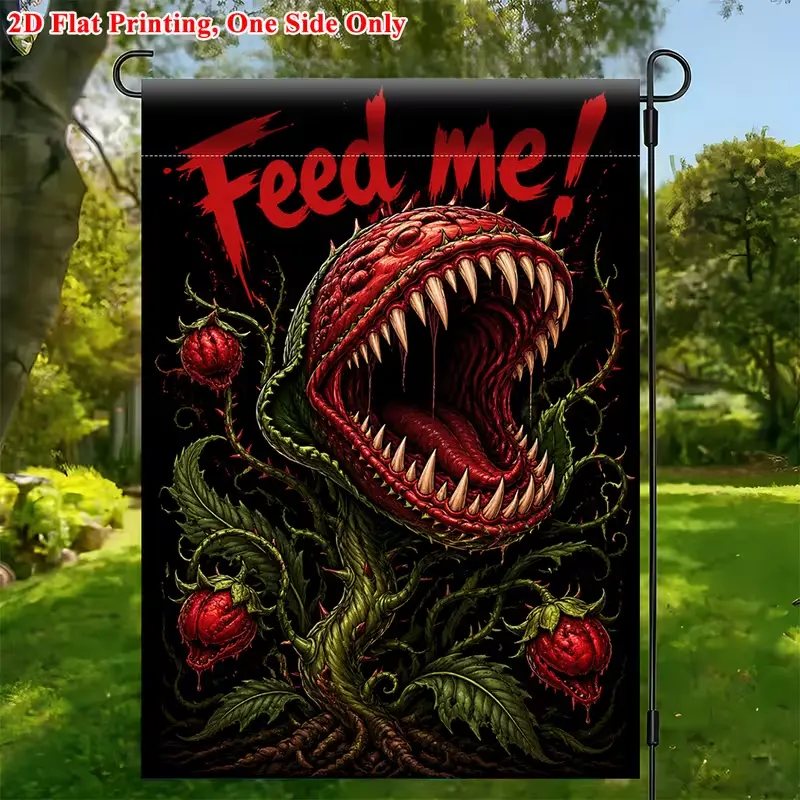 Halloween Carnivorous Monster Plant Garden Flag - Single-Side 2D Print Blood Red Venus Flytrap, Scary Dark Outdoor Decor for Front Lawn, Ideal for Spook Enthusiasts, Flag Stand Not Included
