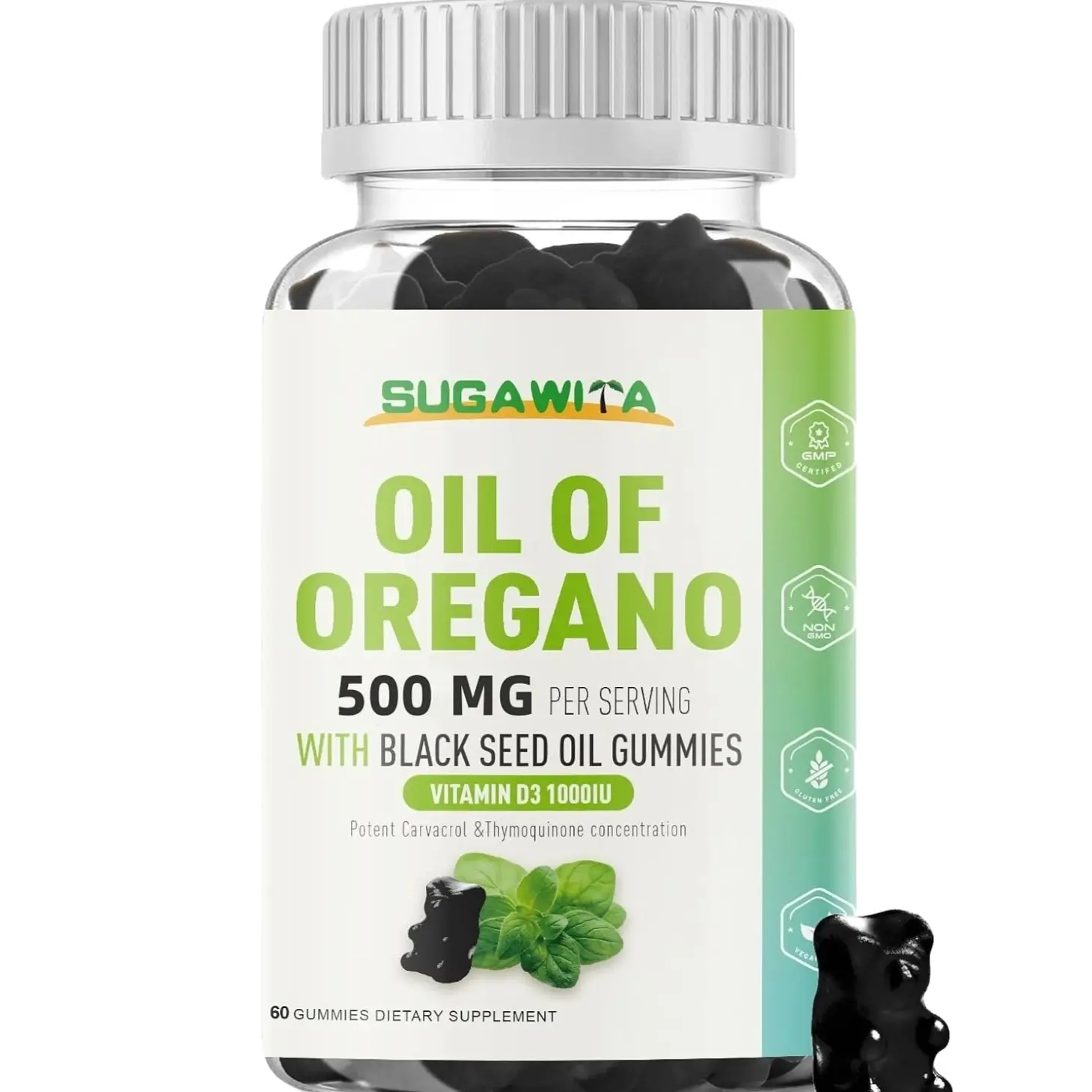 SUGAWITA Oregano Oil Gummies, 3-in-1 SUGAWITA Oil of Oregano with Black Seed Oil Gummies, Organic Oregano Chewable Supplements with Vitamin D3-60 Counts