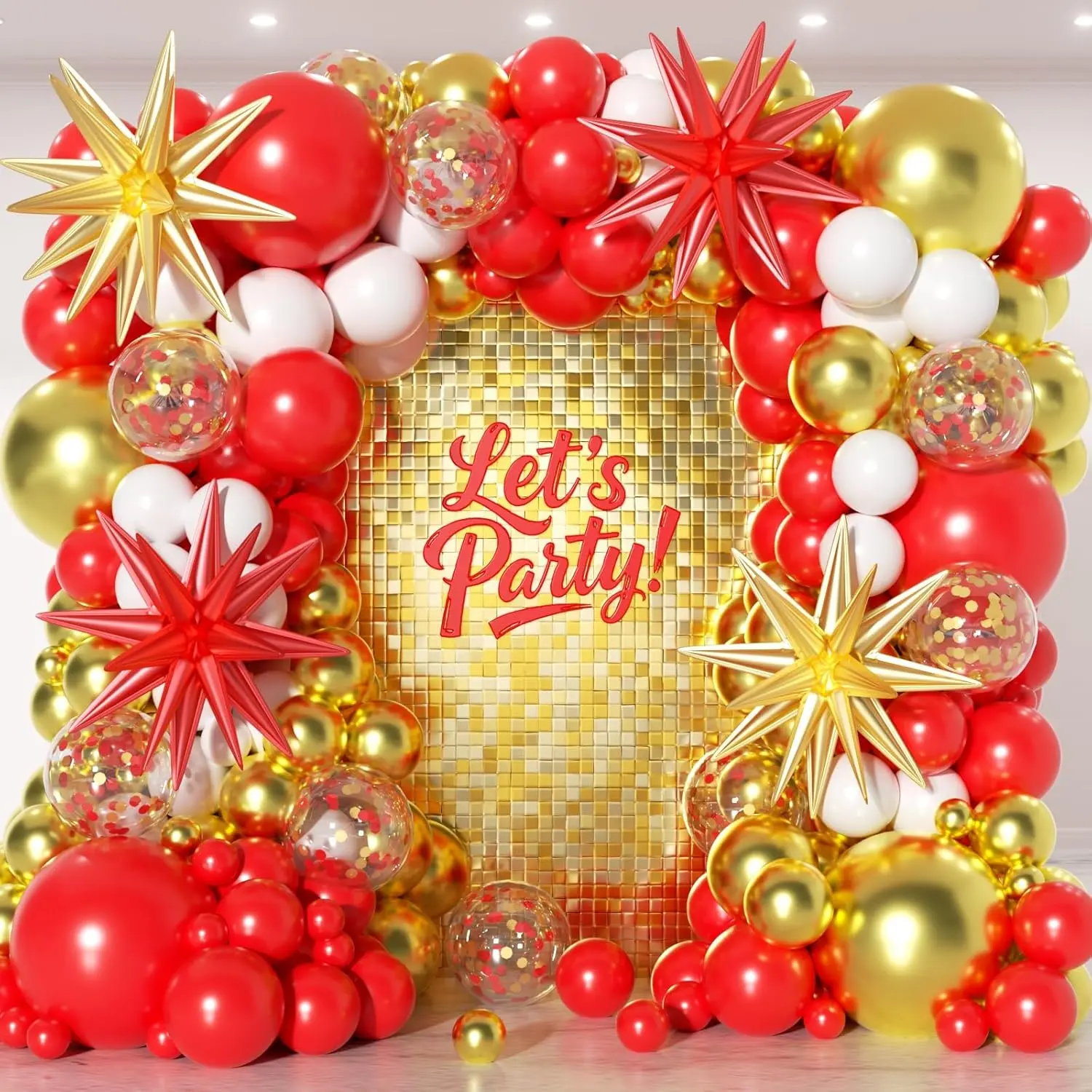 153-Count Red & White Balloon Garland Arch Kit with Stars - 22,18,12,10,5in Metallic,Confetti Latex Balloons for Birthday,Valentine's Day Decor,Photo Backdrops,Baloon Party Supplies, Balloon Party Supplies, Blow Up Balloons, Synthetic
