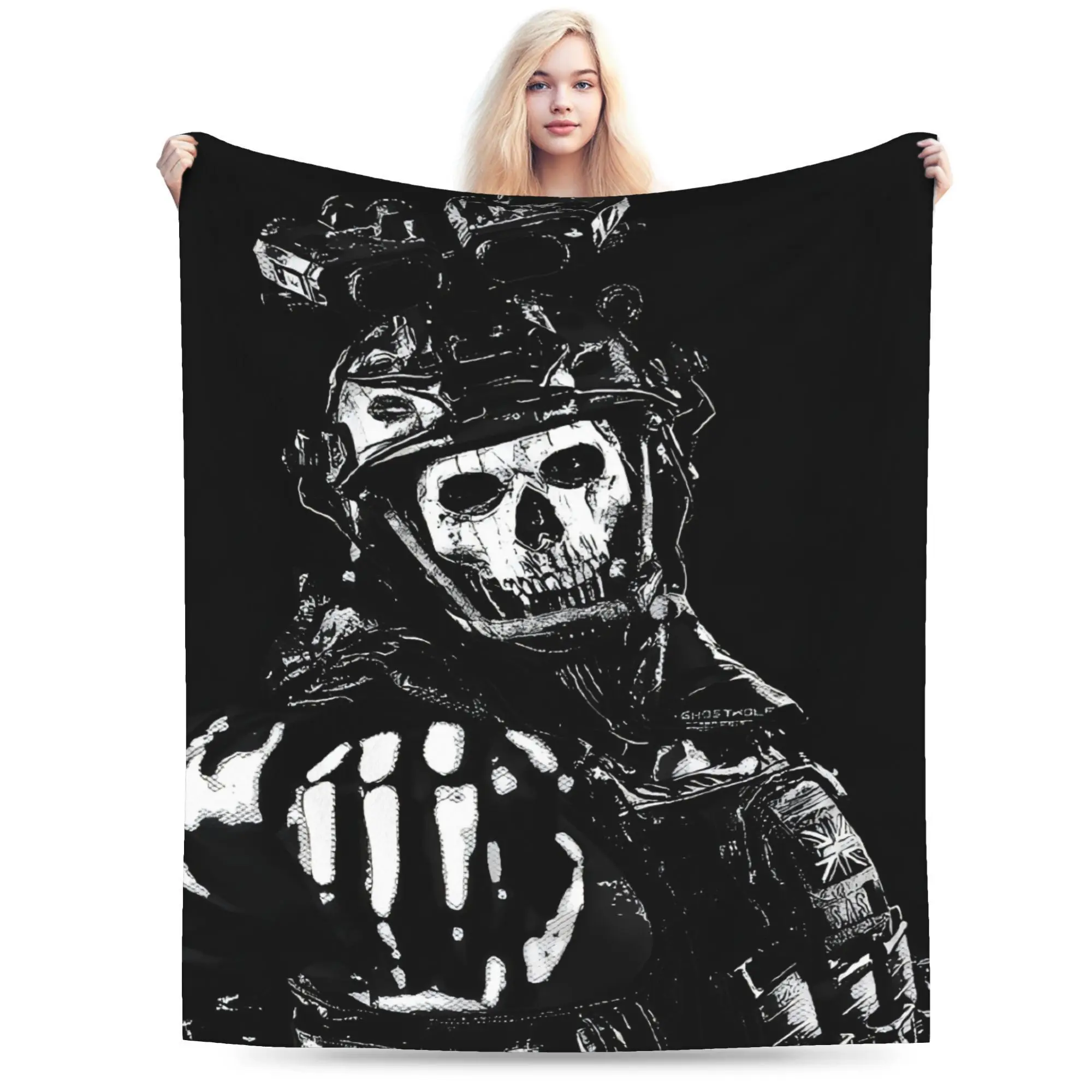 Tactical Skull Soldier Print Throw Blanket, Call of Duty Inspired Themed Cozy Blanket, Soft Fluffy Lightweight Blanket for All Seasons, Anti-Pilling Washable Decorative Blanket