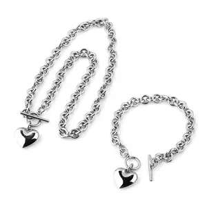Attractive Stainless Steel Chain Heart Shaped Toggle Bracelet Pendant Necklace