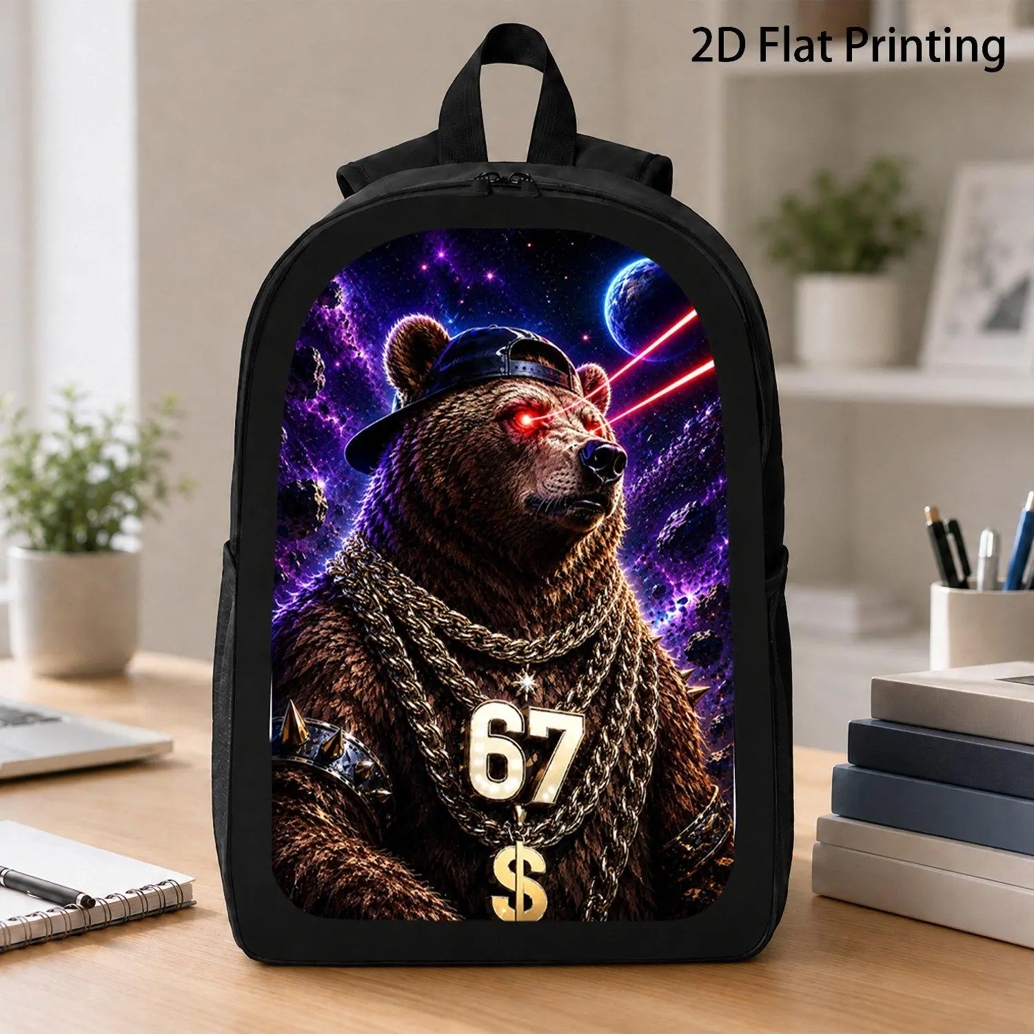 17 Inch Galaxy Gangster Brown Bear Cap And Gold Spiked Chains 67 Red Laser Eyes Art Fashion Wild Animal Graphic Portable Backpack For Daily Trip Travel