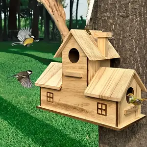 Rustic Wooden Birdhouse for Outdoor Use - Holds 3 Bird Families, Perfect for Garden Decoration, DIY Hand-Painted Graffiti, Bird Houses for Outdoors