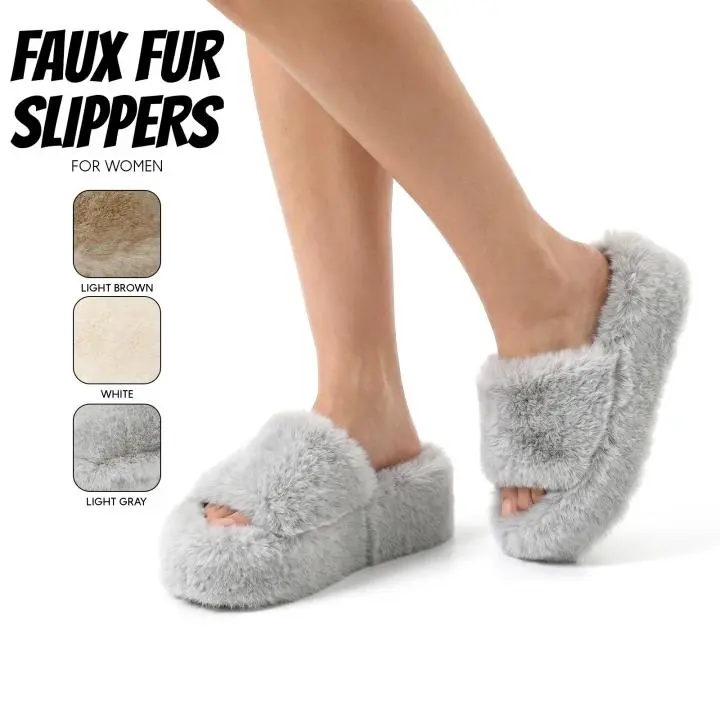 Faux Fur Slippers for Womens Open Toe Platform Slides Warm Cozy Plush Fluffy House Shoes Easy Slip On Lightweight Indoor Outdoor Fashion Sandals