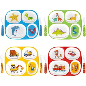 Set of 4 Divided Melamine Dinner Plates for Boys, Shatterproof Kids Dinnerware with Fun Themes (Firefighter, Dinosaur, Construction, Sea Animal), Perfect for Picky Eaters, Toddler Essentials, gift