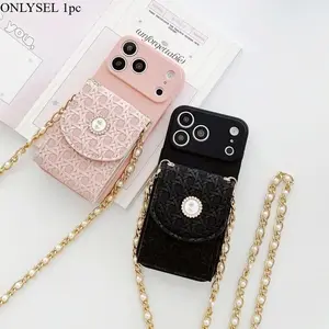 Weave Wallet Lanyard Case for iPhone 17 Pro Max Air 11 12 13 15 16 14 Plus Crossbody Strap Pearl Leather Cute Flower Bag Cover