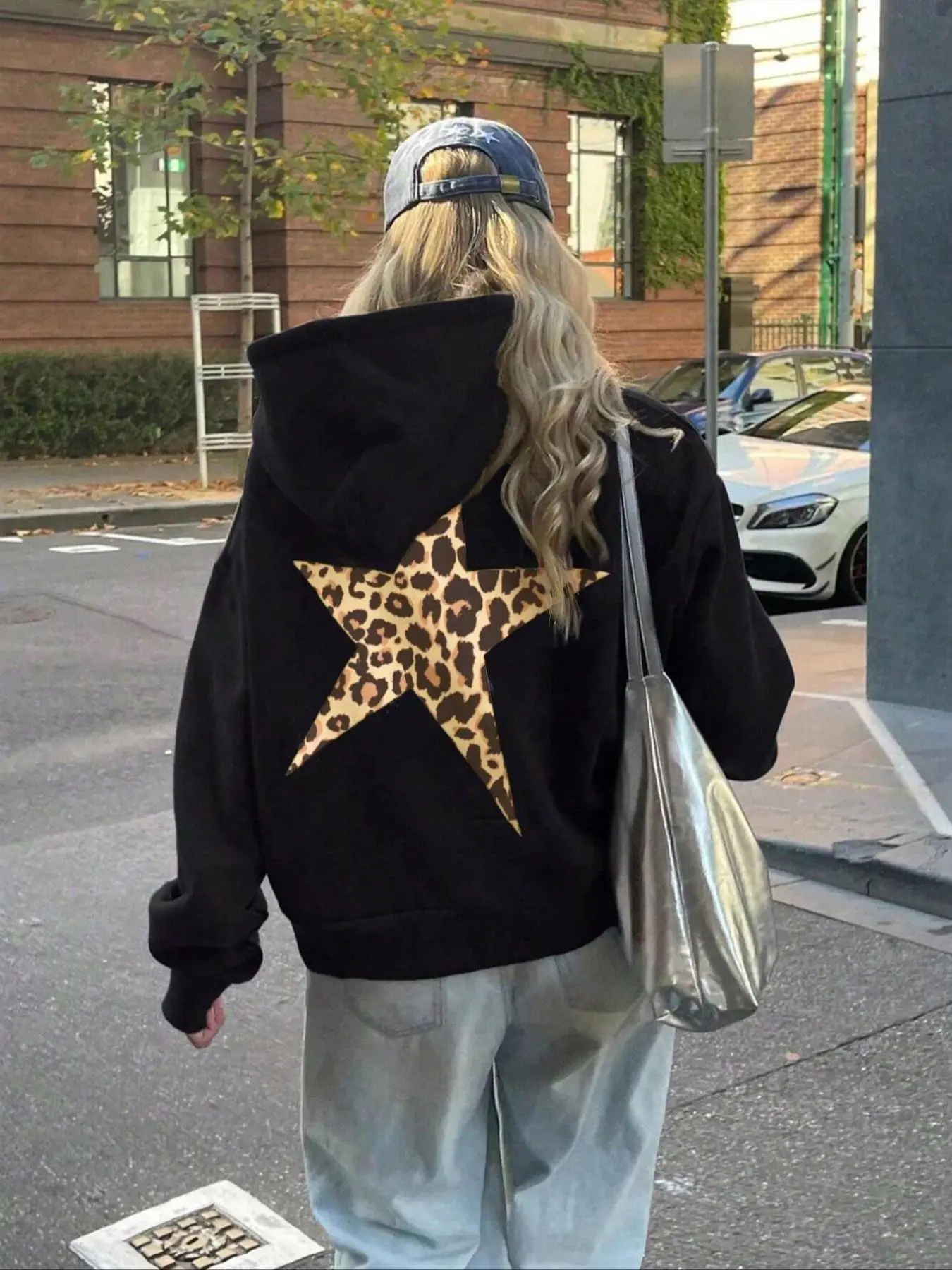 【Plus Size】 Leopard-Star Print Hoodie, Fashion Casual Hooded Sweatshirt for Daily Outdoor Wear, Women Clothing for Fall & Winter