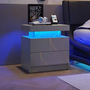Nightstand LED Bedside Table LED Cabinet LED Lights Modern End Side Table with 2 Drawers for Bedroom (Grey Gold), 13.8 D x 19.3 W x 20.5 H inch