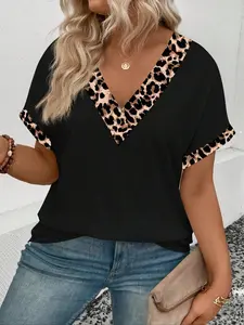 Fashionable Plus Size Casual Chic Fitted Leopard Print Patchwork V-Neck T-Shirt Top, Home Wear, Stylish Loose Fit, Comfortablepajamas Daily Wear, Fitted, Womenswear, Casual Comfy Shirt