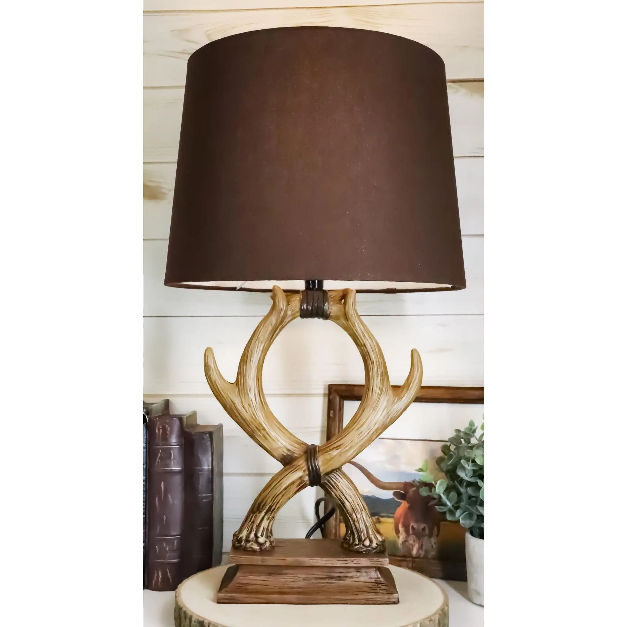 Western Rustic Vintage 2 Entwined Stag Deer Antlers Sculptural Table Lamp Decor