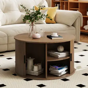 Round Coffee Table with Storage,31.5" Mid Century Modern Center Table with Sliding Cabinet Door, Fluted Dining Table for Living Room, Home Small Space