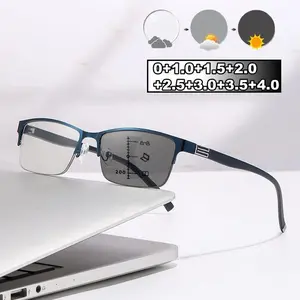 Photochromic Multifocal Reading Glasses Half Frame Color Changing Fashion Presbyopia Trendy Far Sight Sunglasses for Men Women