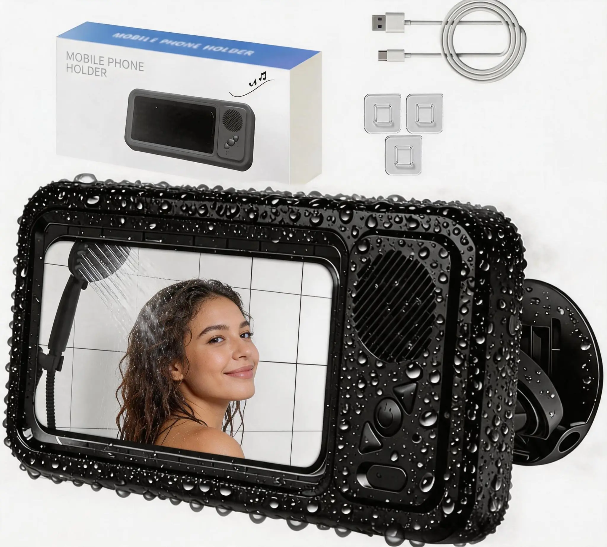 Shower Phone Holder with Wireless Bluetooth Speaker, Waterproof 480 Rotation Viewable Shower Phone Stand Case Mount Speakers for Bathroom Wall Mirro for 4"- 6.8" Cell Phones ,Gift for Mom