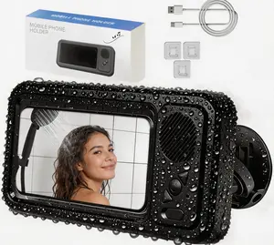 Waterproof Box Speaker with 360° Rotating Touch Screen Bluetooth-Compatible for Movies Music Hands-Free Call Phone Holder Compact for Bathroom Kitchen Sink - Wireless, Cellphone