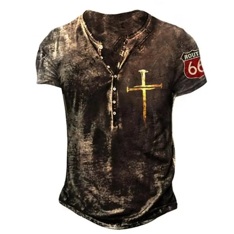 Men's Vintage Washed Henley T-Shirt - Crusader Knight Cross and  Skull Print, Rugged Street-Style Casual Menswear Top