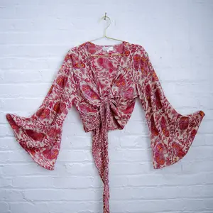 Boho  Tie Top, 3- Way Bell Sleeve Tie Front Hippie Top Silk Retro Style Top, Flare Sleeve Vintage Style Wraps, Festival Boho Crop Top,  90s Style, Whimsical , Plus Size Inclusive, Recycled Silk