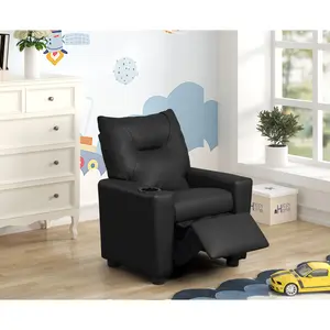 Perline Kids Recliner Chair 23" Black PVC Fabric with Cupholder Preschool Activity Chair Anti-Slip Ergonomic Design for Boys & Girls