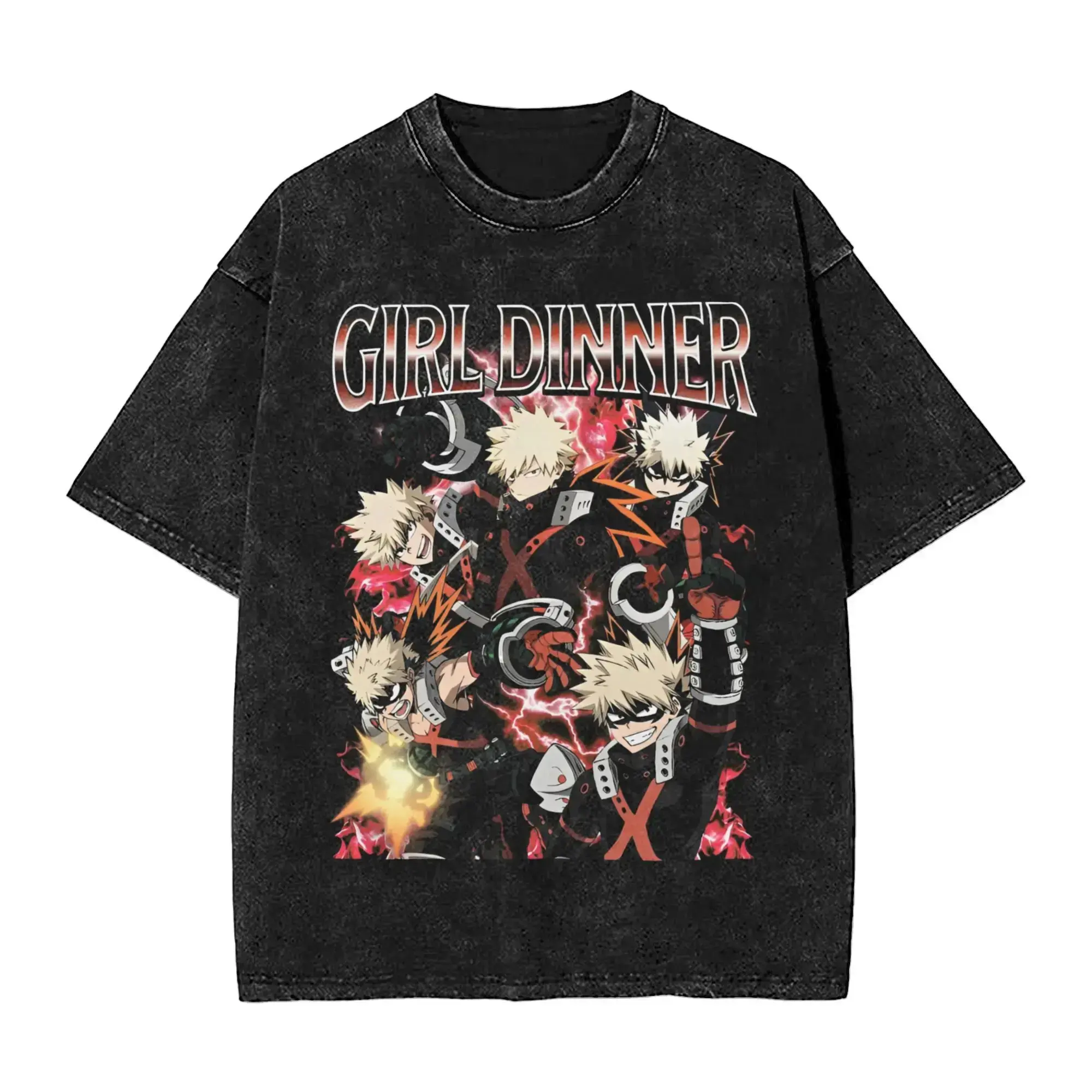 Bakugo My Hero Academia Girl Dinner Anime Vintage Oversized T Shirt Men Women Acid Wash Heavyweight Cotton Streetwear Graphic Tee Aesthetic Grunge Gym Pump Cover Y2K Urban Fashion Meme Gift Retro Washed Black Top MHA Boku No Hero Anime Merch