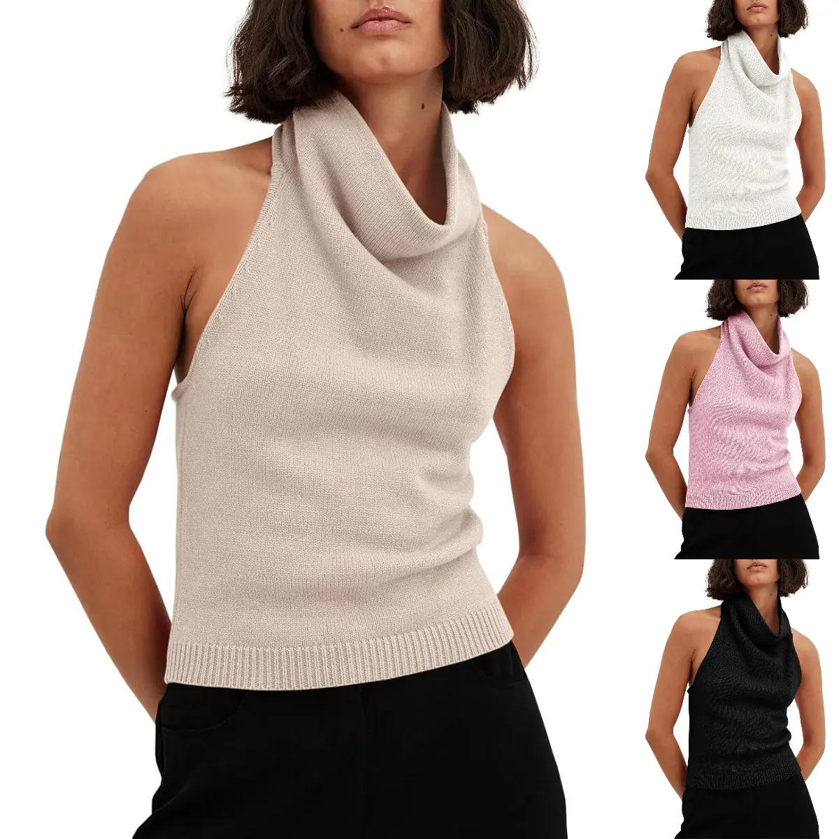 FMEYOA Womens Turtleneck Sweater Vests Sleeveless Knit Halter Tank Tops Sexy Loose Cami Shirts Black Casual Womenswear Crewneck