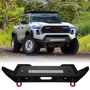 TIOYAR Steel Front Bumper Black Texture for 2024-2025 Toyota Tacoma with Winch Plate LED Lights 2 x D-Rings Off-Road Performance