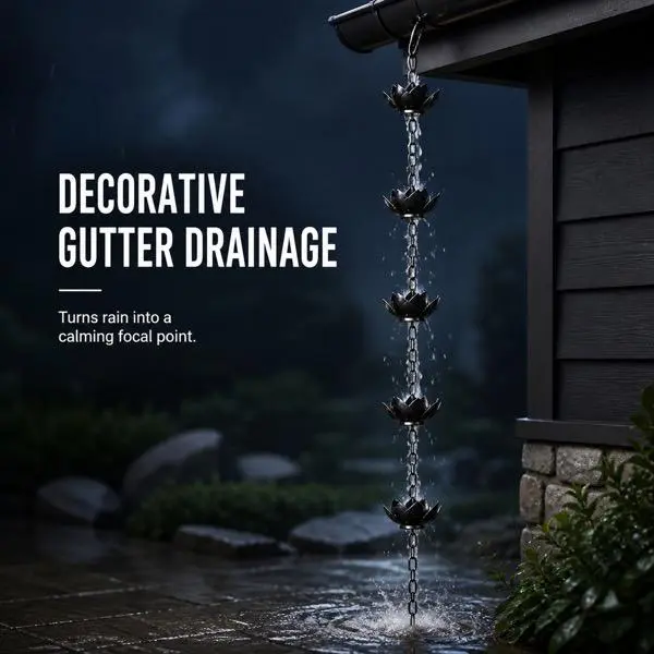 Rustproof Metal Lotus Rain Chain - 120cm Outdoor Water Feature, Rainwater Drainage Guide, Gutter Accessory with Hanging Hook, Universal Fit Garden Decor Accent