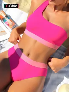 Two-Piece Set Women's Colorblock Pattern Bikini Set, Casual Fashion Chic One Shoulder Design Swim Top & High Waist Bottoms Two-piece Swimsuit for Beach Holiday Vacation, Ladies Swimwear for All Seasons