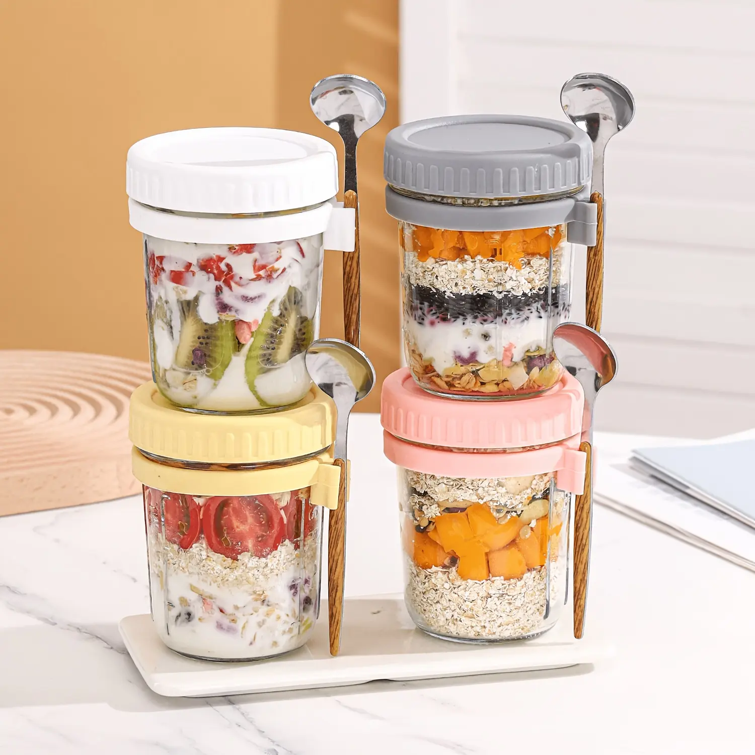 16oz Glass Overnight Oats Mason Jars - Airtight Food Cover Containers with Spoons for Camp Kitchen Meal Prep, Hiking, Kitchen Enthusiasts’ Cereal & Yogurt Storage (Maintains Freshness), Overnight Oats Jars, Airtight Lid, Cereal And Yogurt Storage