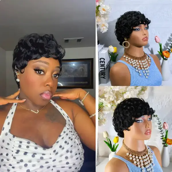 GLOW WIG BEAUTY Pixie Cut Human Hair Wig with Bangs Glueless Full Machine Made Brazilian Virgin Hair Layered Style for Black Women Natural Black Color Short Human Hair Wigs (Black)
