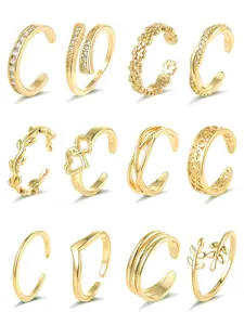 12PCS 18K Gold Plated Toe Rings CZ Daisy Flower Leaf Heart Knot Band Open Tail Ring Adjustable Fit Beach Foot Jewelry Sets Unique Accents Gender Neutral For Women Men Gold Silver Tone