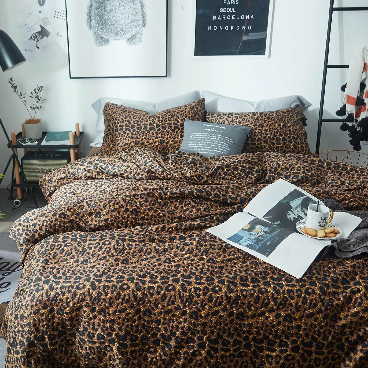 Leopard Print Queen Size Comforter Set-3 Pieces Animal Cheetah Printed Comforter Sexy Soft Fluffy Brown/Black Floral Print Bedding Set with 2 Pillowcases for All Season