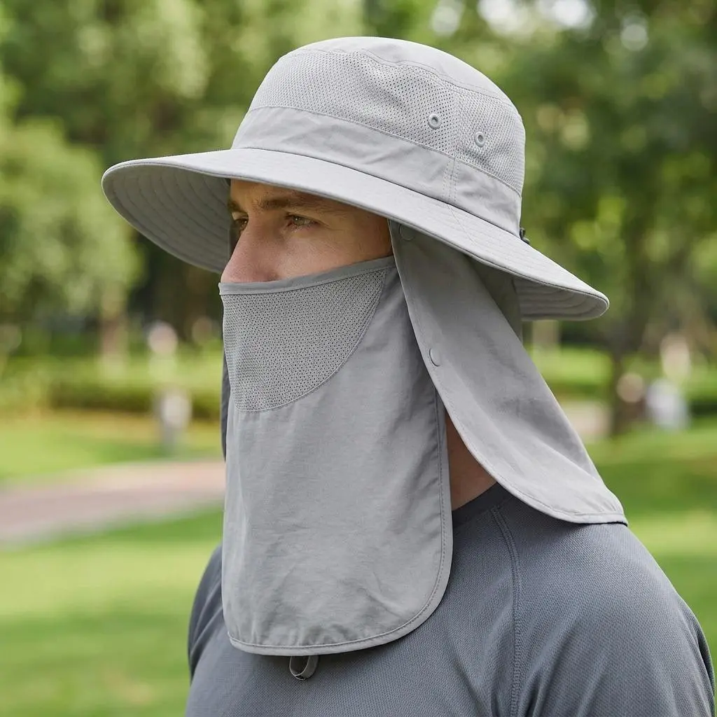 Unisex Adult Wide Brim Bucket Hat, Lightweight Sun Protection Headwear with Removable Neck Flap & Face Cover for Fishing, Hiking, Biking, Lightweight Sun Hat, Multifunctional Headwear, Solar Fishing Hat