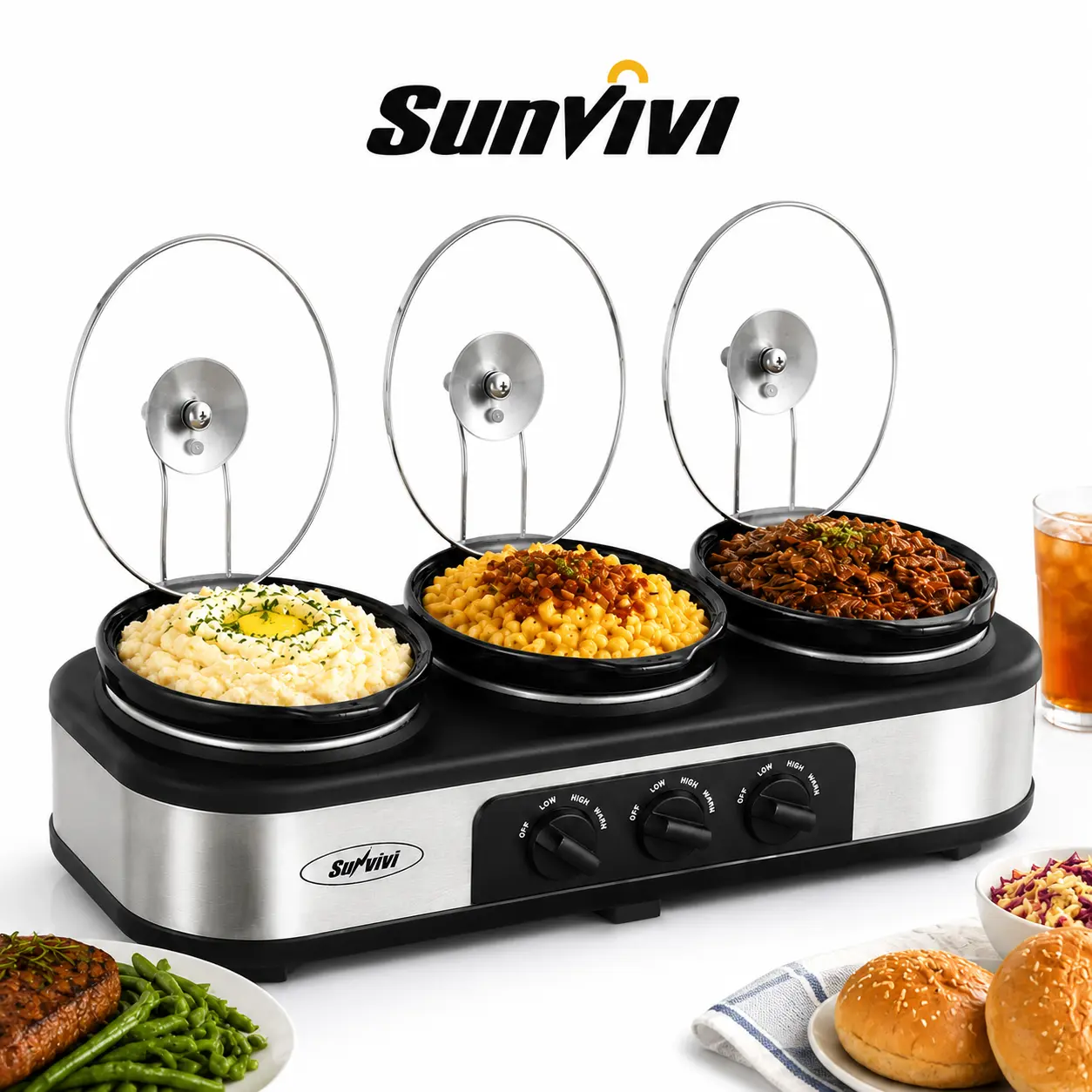 Sunvivi Triple Slow Cooker, Buffet Server & Warmer with 3*1.5QT Removable Ceramic Pots, 3 Adjustable Temp Settings & 3 Metal Lid Rests, total 4.5 QT electric warming home essential,crock，dishwasher-safe part，triple slow cooker，electric buffet warmers