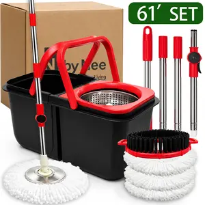 61in Cleaning Spin Mop Bucket Set with Wringer - Collapsible Space-Saving Dual-Chamber System, Adjustable Stainless Steel Telescopic Handle, Built-in Drain Plug, Brush, 3 Reusable Microfiber Mop Heads for Hardwood, Tile, Vinyl Floors