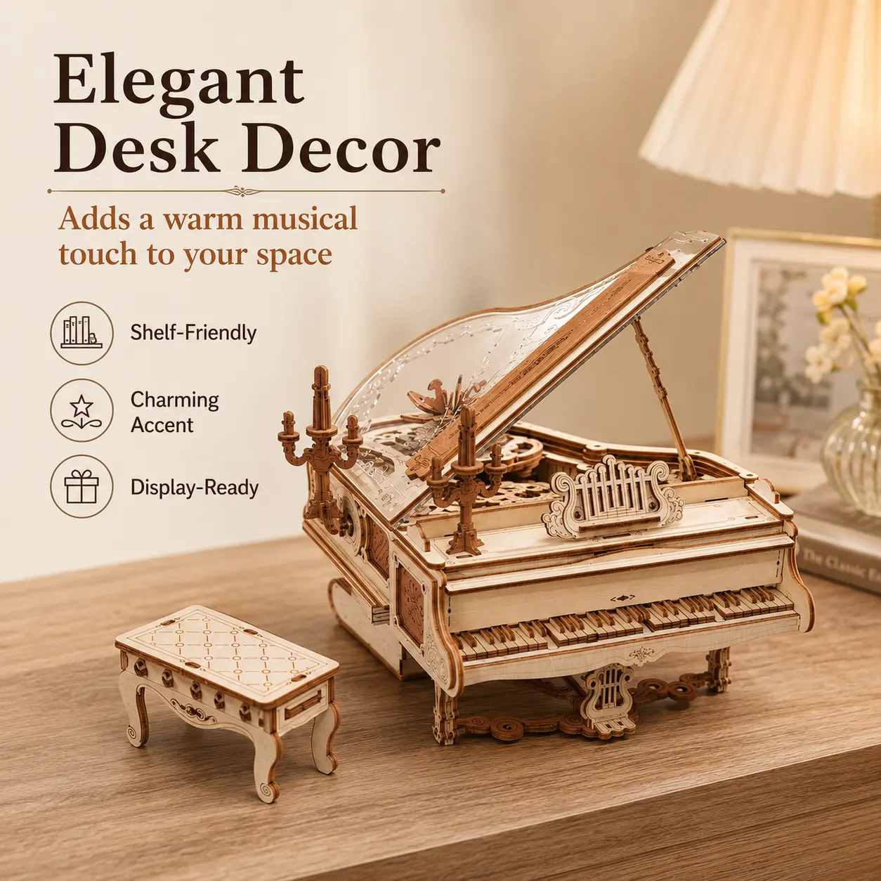 【ROKR】3D Wooden Puzzle Magic Piano Mechanical Music Box - Classic Novelty Stress Relief Toy for Adults with Glitter Balls, Rubber Band, Metal Boosters, Beyblade Starter Set